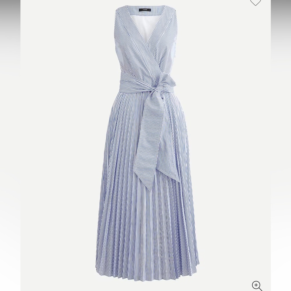 J Crew  Pleated, V Neck, Blue & White Striped Midi Dress Size 14 NWT